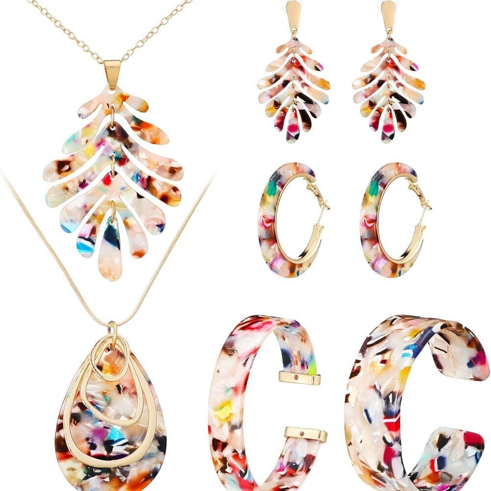 Acrylic Jewelry Set Women Statement Earrings Necklace Bracelets Floral Marble